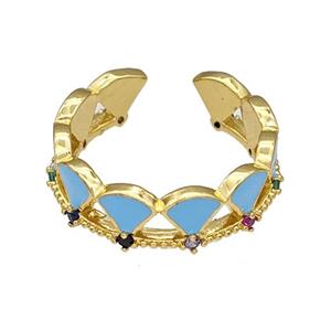 Copper Rings Pave Zircon Blue Enamel Adjustable Gold Plated, approx 6mm, 18mm dia [FN40556]