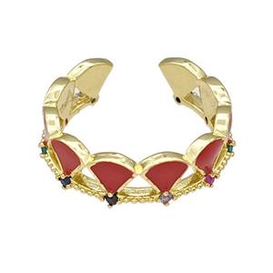 Copper Rings Pave Zircon Red Enamel Adjustable Gold Plated, approx 6mm, 18mm dia [FN40557]