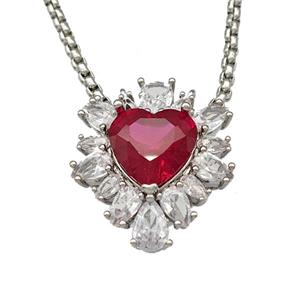Copper Necklace Heart Micro Pave Red Crystal Glass Platinum Plated, approx 19-22mm, 2mm, 40-45cm length [FN40564]