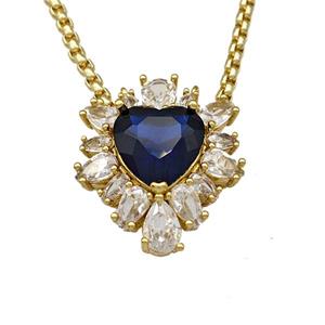 Copper Necklace Heart Micro Pave Blue Crystal Glass Gold Plated, approx 19-22mm, 2mm, 40-45cm length [FN40565]