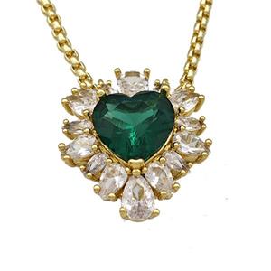 Copper Necklace Heart Micro Pave Green Crystal Glass Gold Plated, approx 19-22mm, 2mm, 40-45cm length [FN40566]