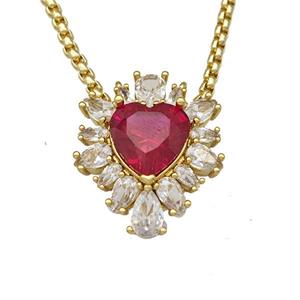 Copper Necklace Heart Micro Pave Red Crystal Glass Gold Plated, approx 19-22mm, 2mm, 40-45cm length [FN40567]