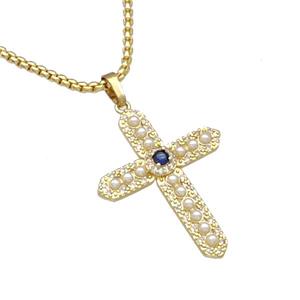 Copper Cross Necklace Micro Pave Pearlized Resin Gold Plated, approx 25-32mm, 2mm, 40-45cm length [FN40571]