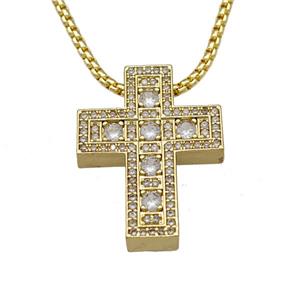 Copper Cross Necklace Micro Pave Zirconia Gold Plated, approx 22-28mm, 2mm, 40-45cm length [FN40576]