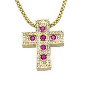 Copper Cross Necklace Micro Pave Zirconia Gold Plated, approx 22-28mm, 2mm, 40-45cm length [FN40578]