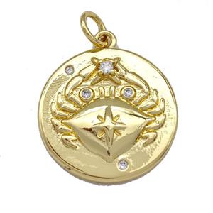 Copper Circle Pendant Micro Pave Zirconia Crab Charms Gold Plated, approx 20mm [FN40755]