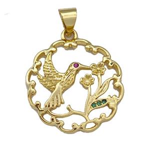 Copper Birds Pendant Micro Pave Zirconia Flower Gold Plated, approx 20mm [FN40766]