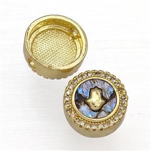 Copper Button Beads Pave Abalone Shell Zircon Hand 18K Gold Plated, approx 12mm [FN40819]