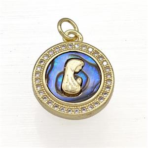 Copper Circle Pendant Pave Abalone Shell Zircon Virgin Mary 18K Gold Plated, approx 15.5mm [FN40829]