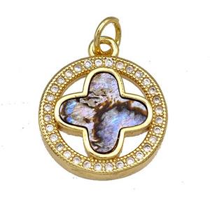 Copper Circle Pendant Pave Abalone Shell Clover 18K Gold Plated, approx 16mm [FN40831]