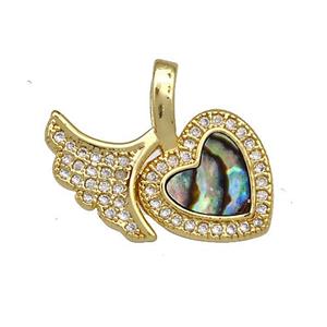 Copper Heart Pendant Pave Abalone Shell Zircon Tail 18K Gold Plated, approx 11-19mm [FN40842]