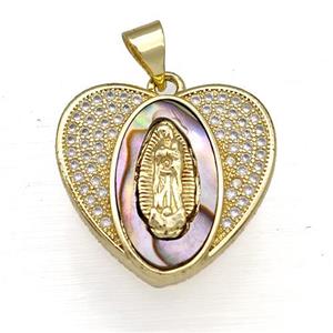 Copper Heart Pendant Pave Abalone Shell Zircon Virgin Mary 18K Gold Plated, approx 20mm [FN40845]