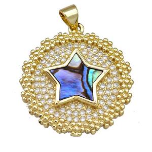 Copper Circle Pendant Pave Abalone Shell Zircon Star 18K Gold Plated, approx 23mm [FN40847]