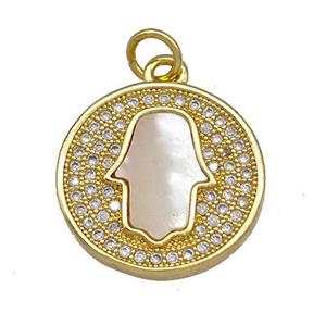 Copper Circle Hamsahand Pendant Pave Shell Zirconia 18K Gold Plated, approx 17mm [FN40867]