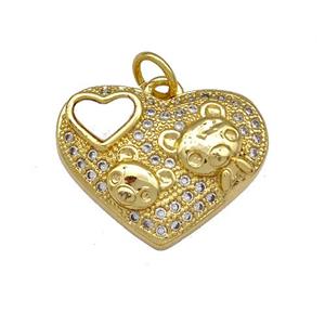 Copper Heart Pendant Pave Shell Zirconia Bear Charms 18K Gold Plated, approx 14-19mm [FN40870]