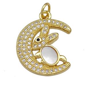 Copper Moon Rabbit Charms Pendant Pave Shell Zirconia 18K Gold Plated, approx 17-18mm [FN40871]