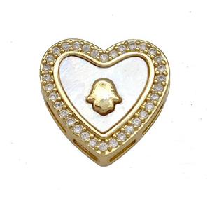 Copper Heart Beads Pave Shell Zircon Hand 18K Gold Plated, approx 15.5mm [FN40873]