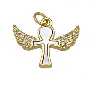 Ankh Angel Wings Charms Copper Pendant Pave Shell Zirconia 18K Gold Plated, approx 14-20mm [FN40885]