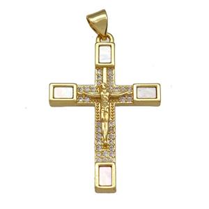 Copper Cross Pendant Pave Shell Zircon 18K Gold Plated, approx 22-30mm [FN40890]
