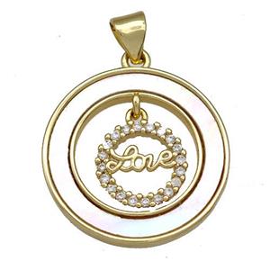 Copper Circle Pendant Pave Shell Zircon Love 18K Gold Plated, approx 21mm [FN40893]