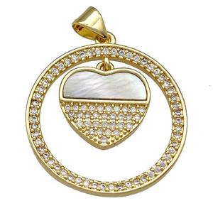 Copper Circle Pendant Pave Shell Zircon Heart 18K Gold Plated, approx 14mm, 25mm [FN40894]