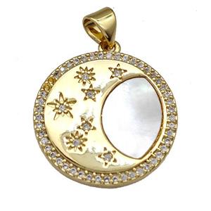 Copper Circle Pendant Pave Shell Zircon Moon 18K Gold Plated, approx 20mm [FN40895]