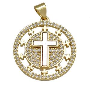 Copper Circle Pendant Pave Shell Zircon Cross 18K Gold Plated, approx 22mm [FN40896]