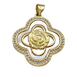 Copper Clover Pendant Pave Shell Zircon Flower 18K Gold Plated, approx 23mm [FN40898]
