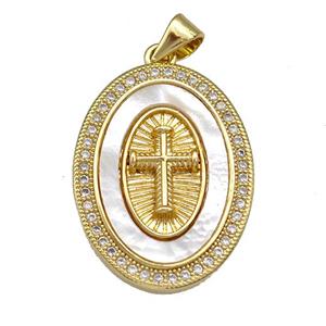 Copper Oval Pendant Pave Shell Zircon Cross 18K Gold Plated, approx 18-25mm [FN40903]