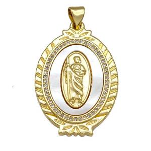 Jesus Charms Copper Oval Pendant Pave Shell Zircon Religious 18K Gold Plated, approx 22-30mm [FN40904]