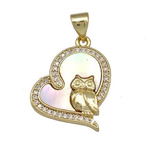 Copper Heart Pendant Pave Shell Zircon Owl Charms 18K Gold Plated, approx 18-19mm [FN40905]