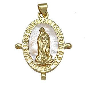 Virgin Mary Charms Copper Oval Pendant Pave Shell Religious 18K Gold Plated, approx 25-30mm [FN40915]