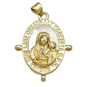 Virgin Mary Charms Copper Oval Pendant Pave Shell 18K Gold Plated, approx 25-30mm [FN40917]