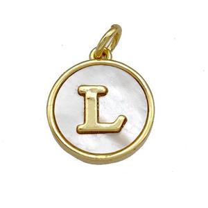Copper Circle Pendant Pave Shell Letter-L 18K Gold Plated, approx 13mm [FN40919]
