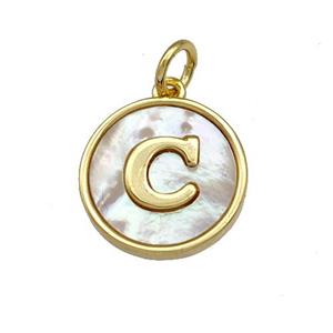 Copper Circle Pendant Pave Shell Letter-C 18K Gold Plated, approx 13mm [FN40920]