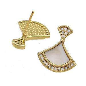 Copper Stud Earrings Pave Shell Zircon Fan 18K Gold Plated, approx 14-16.5mm [FN40935]