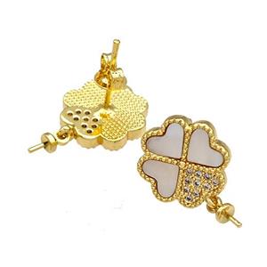 Copper Stud Earrings Pave Shell Zircon Clover 18K Gold Plated, approx 12mm [FN40937]