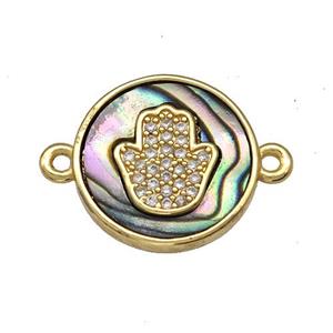 Copper Circle Connector Pave Abalone Shell Zircon Hamsahand 18K Gold Plated, approx 16mm [FN40944]