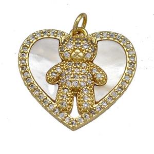 Copper Bear Charms Pendant Pave Shell Zircon Heart 18K Gold Plated, approx 22mm [FN40952]