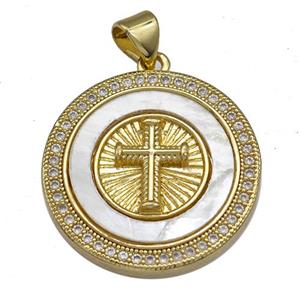 Copper Circle Pendant Pave Shell Zircon Cross 18K Gold Plated, approx 22mm [FN40956]