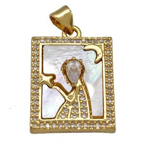 Copper Tarot Card Pendant Pave Zircon Zodiac Virgo 18K Gold Plated, approx 16-20mm [FN40966]