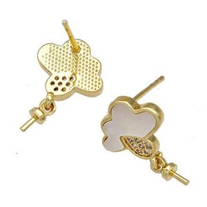Copper Stud Earrings Pave Shell Zircon Cloudy 18K Gold Plated, approx 12mm [FN40969]