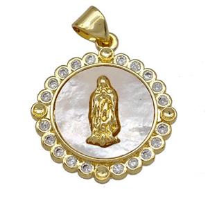Jesus Charms Copper Circle Pendant Pave Shell Zirconia 18K Gold Plated, approx 20mm [FN40978]
