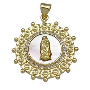 Jesus Charms Copper Circle Pendant Pave Shell Zirconia 18K Gold Plated, approx 25mm [FN40979]