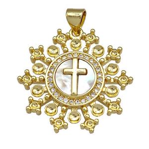 Cross Charms Copper Circle Pendant Pave Shell Zirconia 18K Gold Plated, approx 25mm [FN40980]