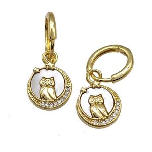 Copper Owl Hoop Earrings Pave Shell Zirconia 18K Gold Plated, approx 11mm, 12mm dia [FN41007]