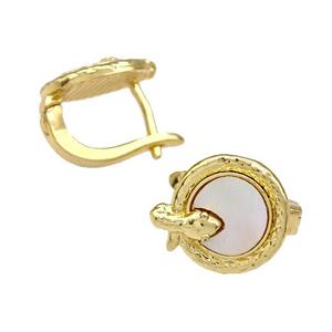 Copper Snake Latchback Earrings Pave Shell 18K Gold Plated, approx 12mm [FN41009]