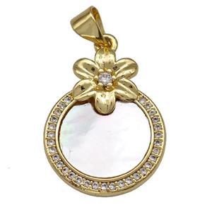 Copper Circle Pendant Pave Shell Zirconia Flower 18K Gold Plated, approx 16mm [FN41012]