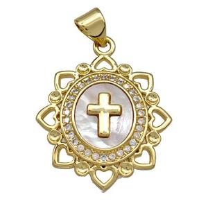 Copper Cross Pendant Pave Shell Zirconia 18K Gold Plated, approx 20mm [FN41016]