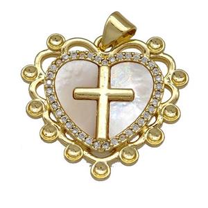 Copper Heart Pendant Pave Shell Zirconia Cross 18K Gold Plated, approx 25mm [FN41017]